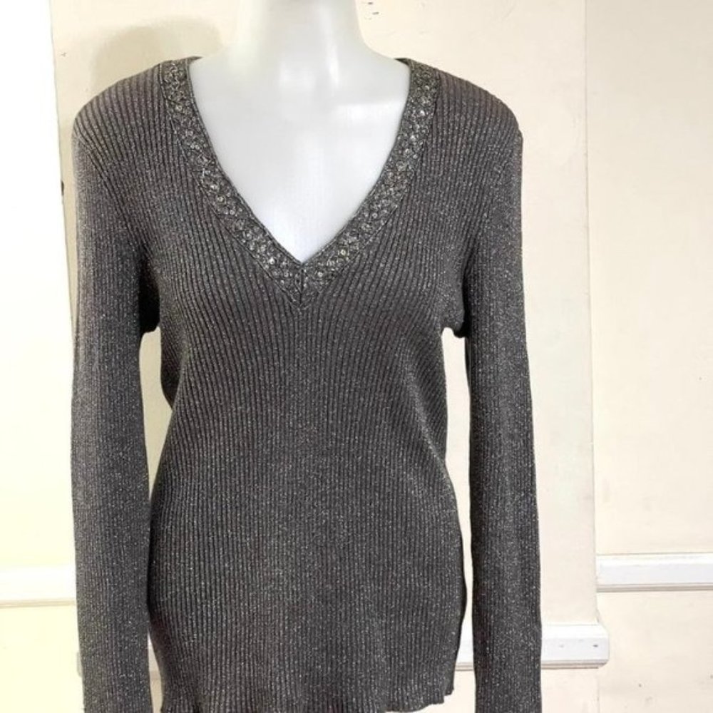 New York & Company Womens Sweater‎ Sz M Black V-Neck Beaded Long Sleeve Pullover